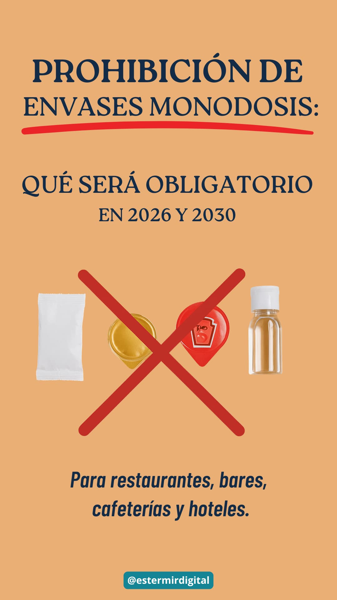 Prohibición de envases monodosis: qué será obligatorio en 2026 y 2030 3 “Ilustración sobre la prohibición de sobres monodosis en restaurantes, bares, cafeterías y hoteles